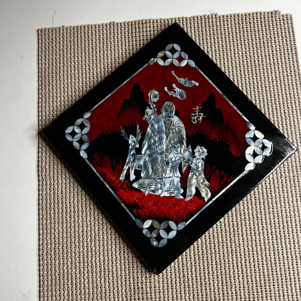 Vintage Asian Lacquer Mother of Pearl Inlay Wall Plaque Red Black Shell Art 8x8